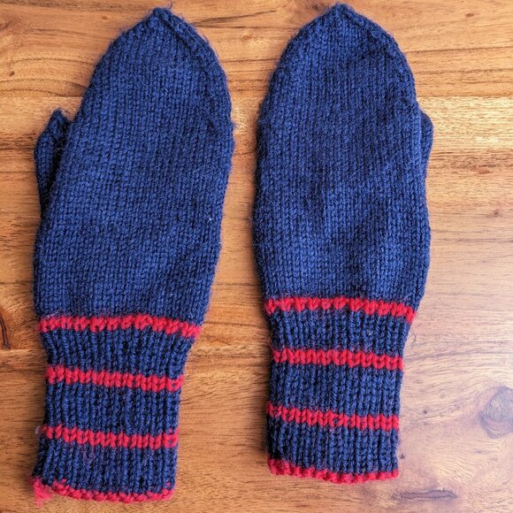 Child's Handmade Cottagecore Knit Blue Mittens with Red Stripes - Picture 3 of 4